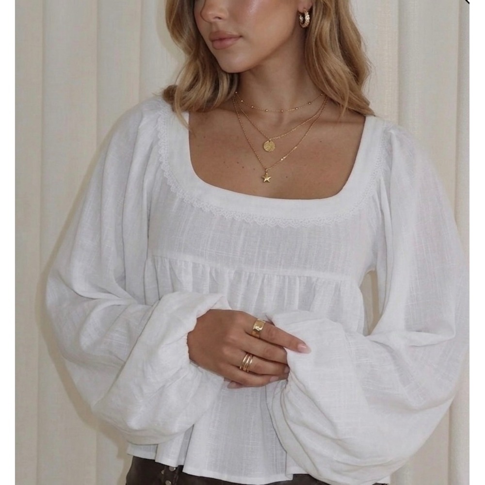 Princess Polly Bennie White Lace Trim Open Back Balloon Sleeve Blouse US 
4